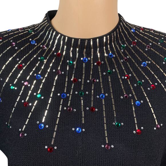 St. John $590 Black Gold Pailette Colorful Rhinestone Starburst Sweater SZ S - Picture 3 of 14